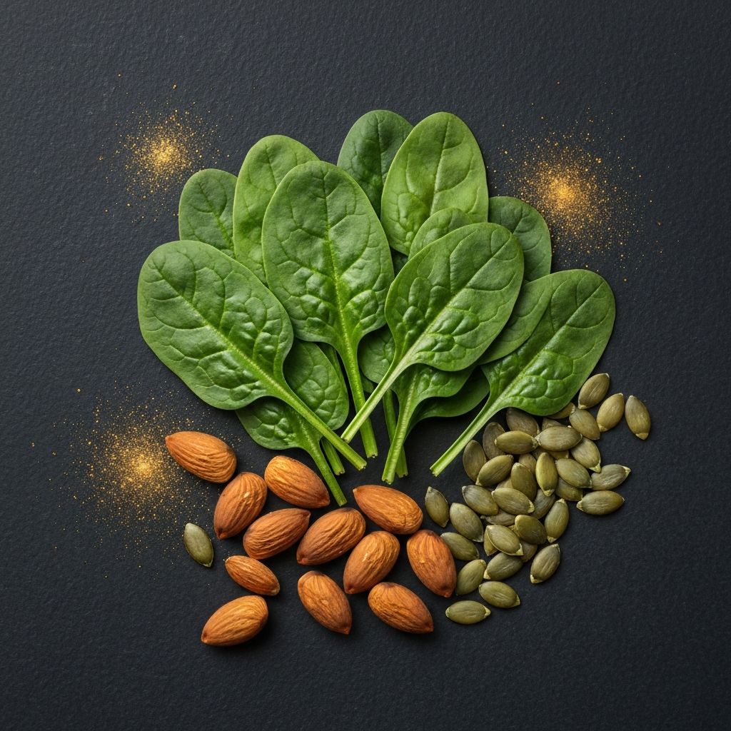 Magnesium-rich foods including nuts and leafy greens